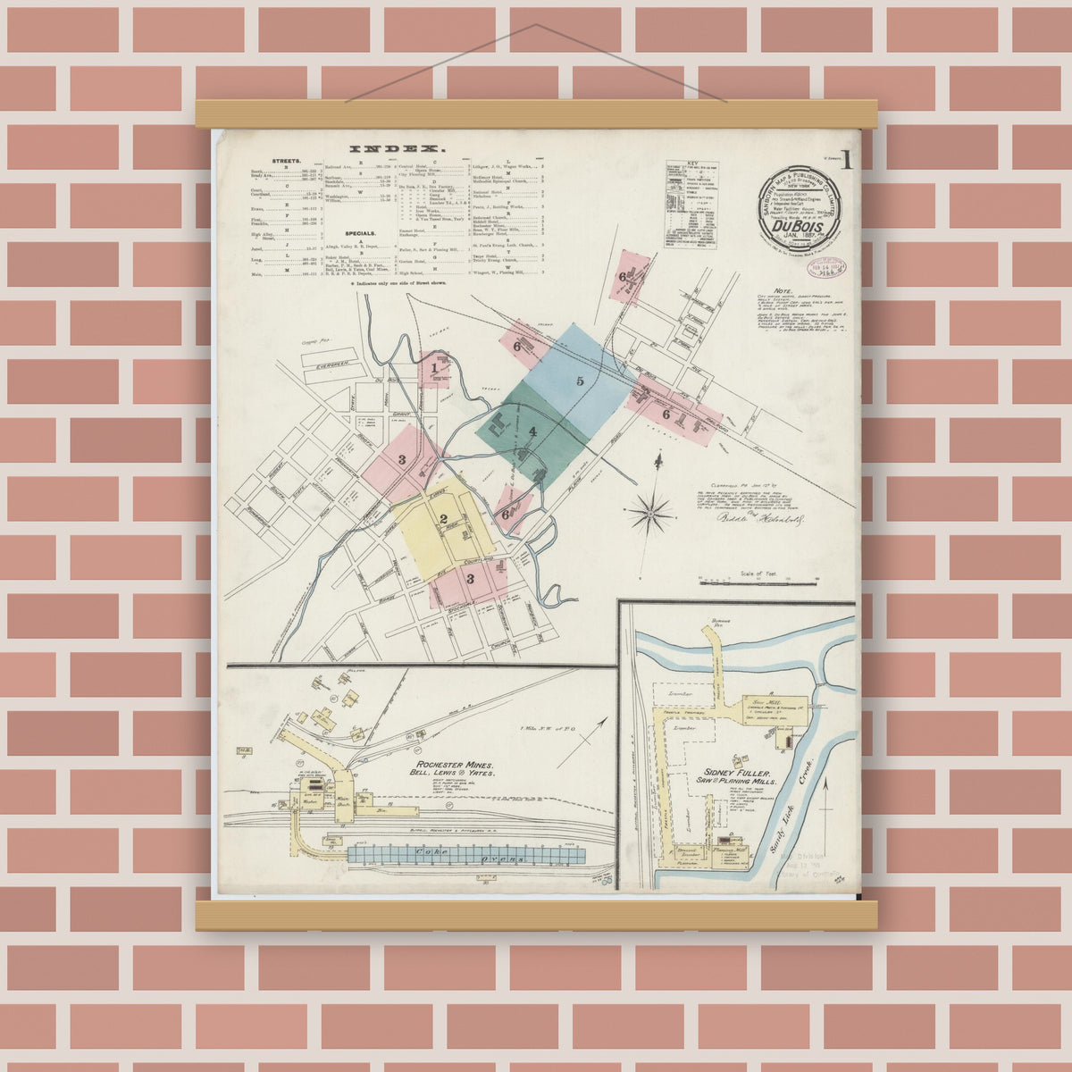 Old map wall art mockup — magnetic wood frame on brick wall — Sanborn Fire Insurance Map from Du Bois, Clearfield County, Pennsylvania (1887) - Complete Map Set
