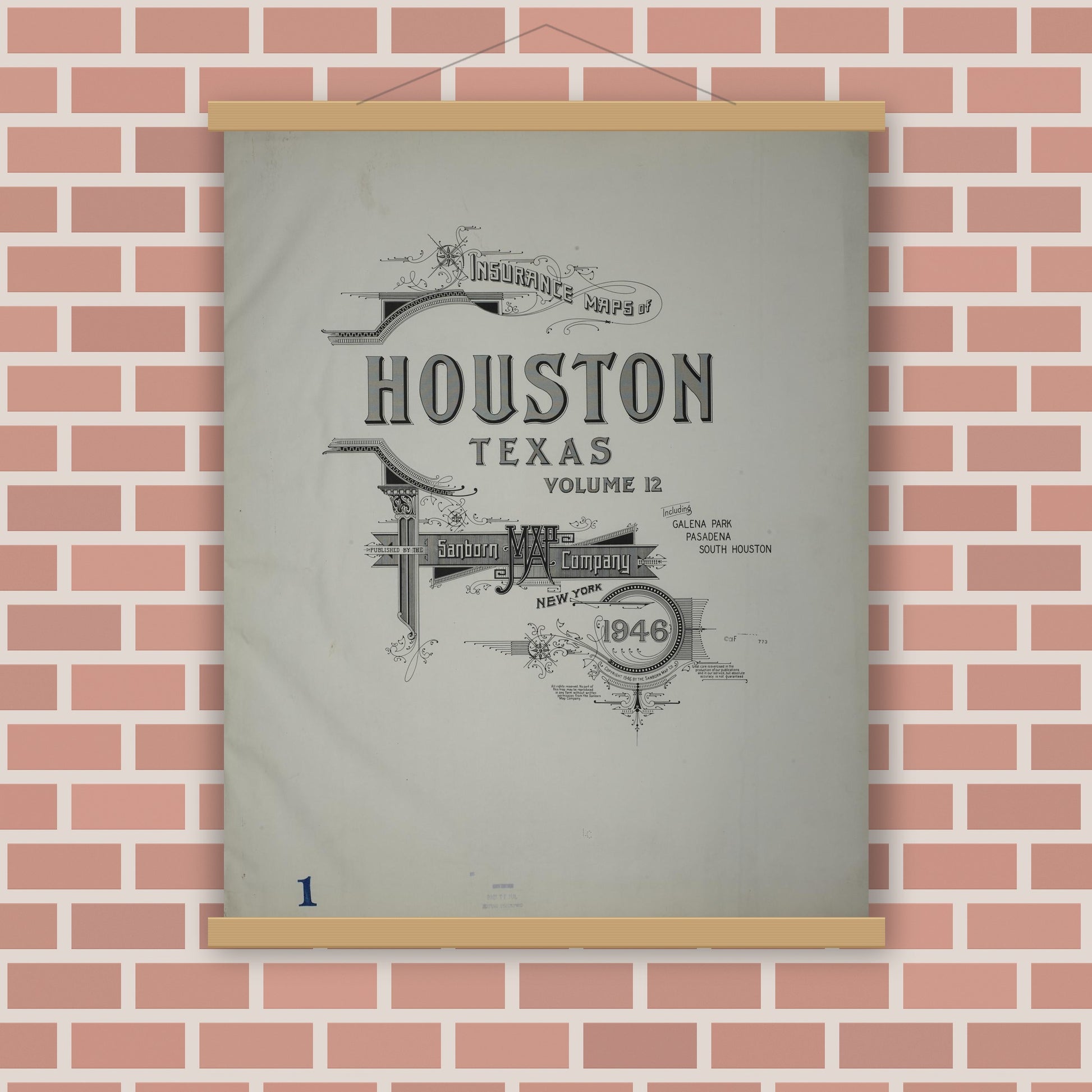 Old map wall art mockup — magnetic wood frame on brick wall — Sanborn Fire Insurance Map from Houston, Harris County, Texas (1946), Sheet #0001