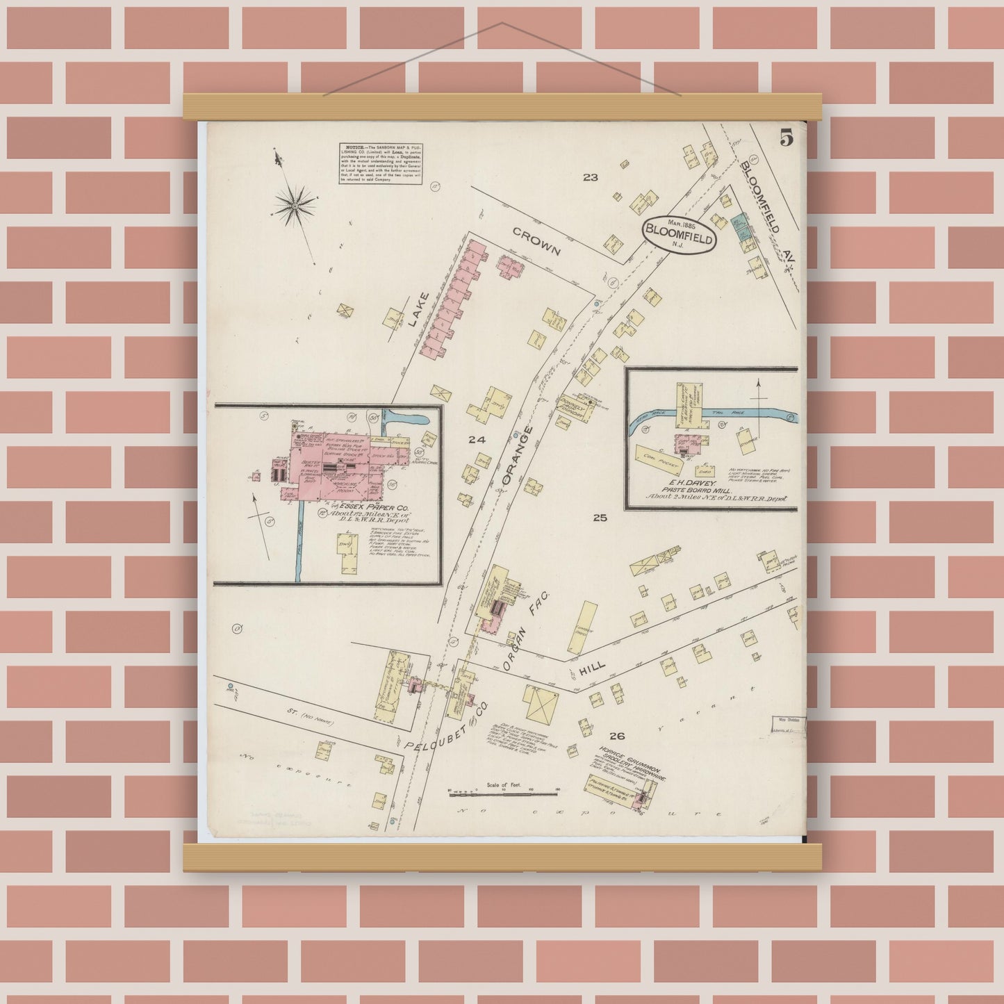 Old map wall art mockup — magnetic wood frame on brick wall — Sanborn Fire Insurance Map from Bloomfield, Essex County, New Jersey (1885), Sheet #0005