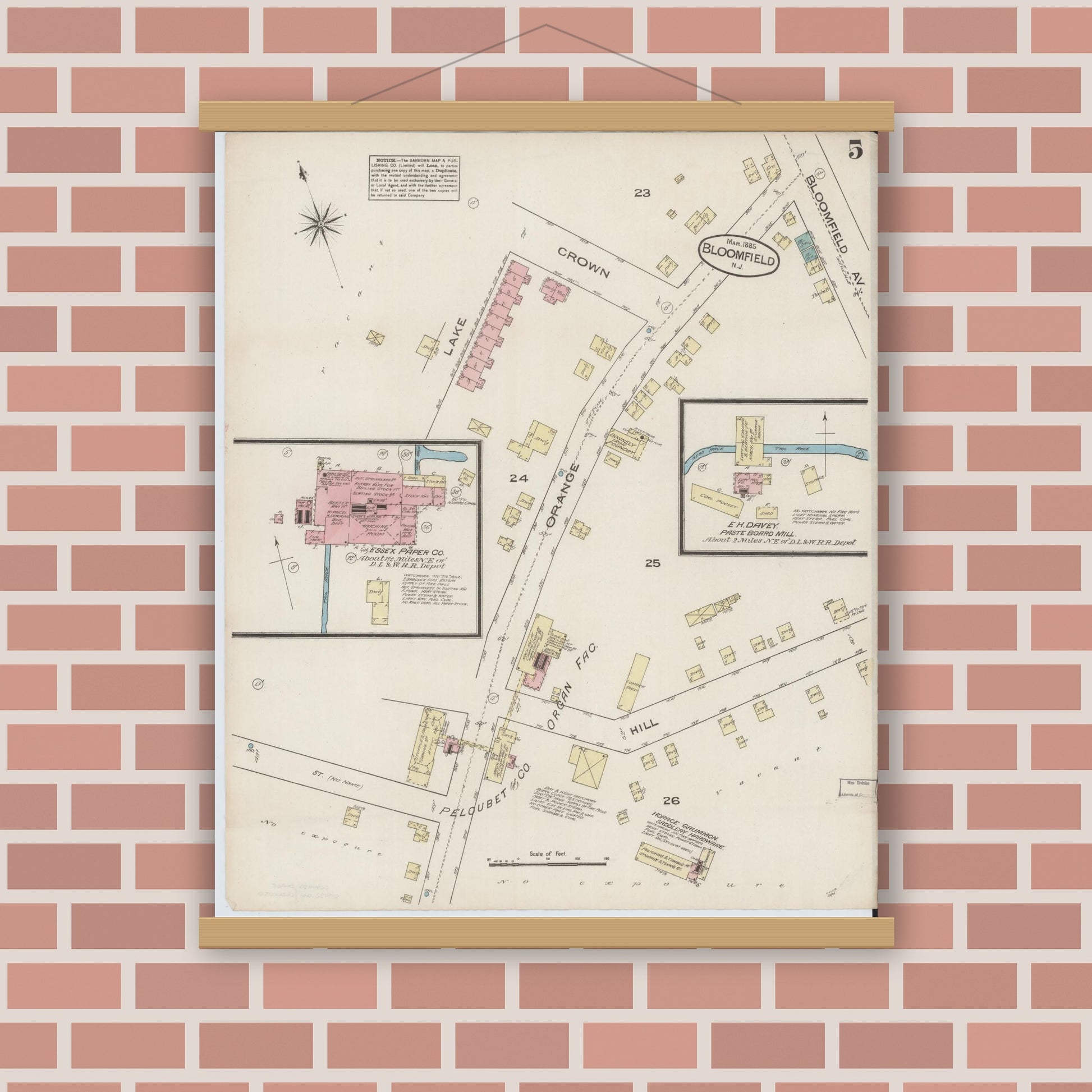 Old map wall art mockup — magnetic wood frame on brick wall — Sanborn Fire Insurance Map from Bloomfield, Essex County, New Jersey (1885), Sheet #0005