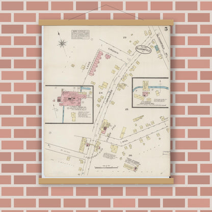 Old map wall art mockup — magnetic wood frame on brick wall — Sanborn Fire Insurance Map from Bloomfield, Essex County, New Jersey (1885), Sheet #0005