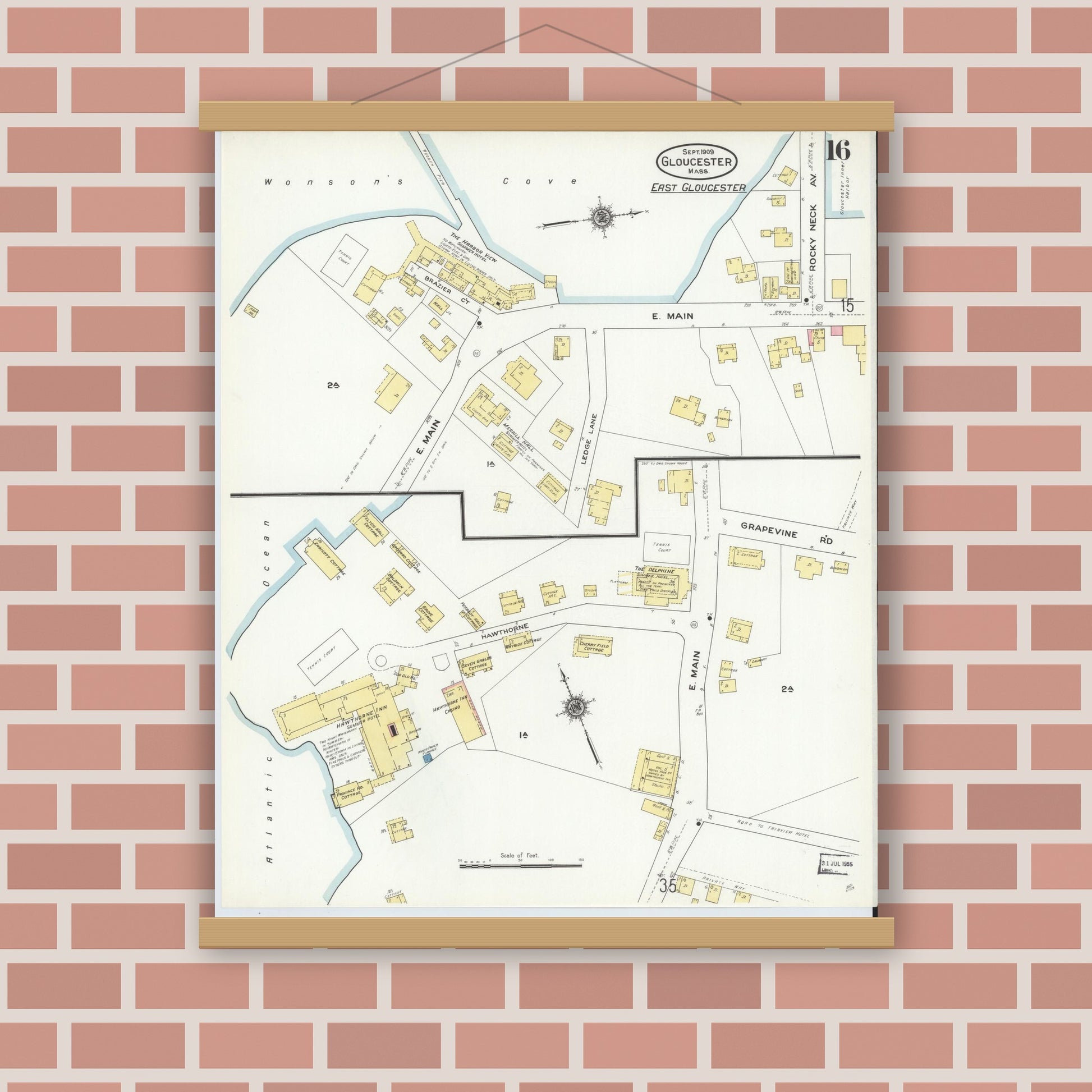 Old map wall art mockup — magnetic wood frame on brick wall — Sanborn Fire Insurance Map from Gloucester, Essex County, Massachusetts (1909), Sheet #0016