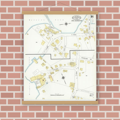 Old map wall art mockup — magnetic wood frame on brick wall — Sanborn Fire Insurance Map from Gloucester, Essex County, Massachusetts (1909), Sheet #0016