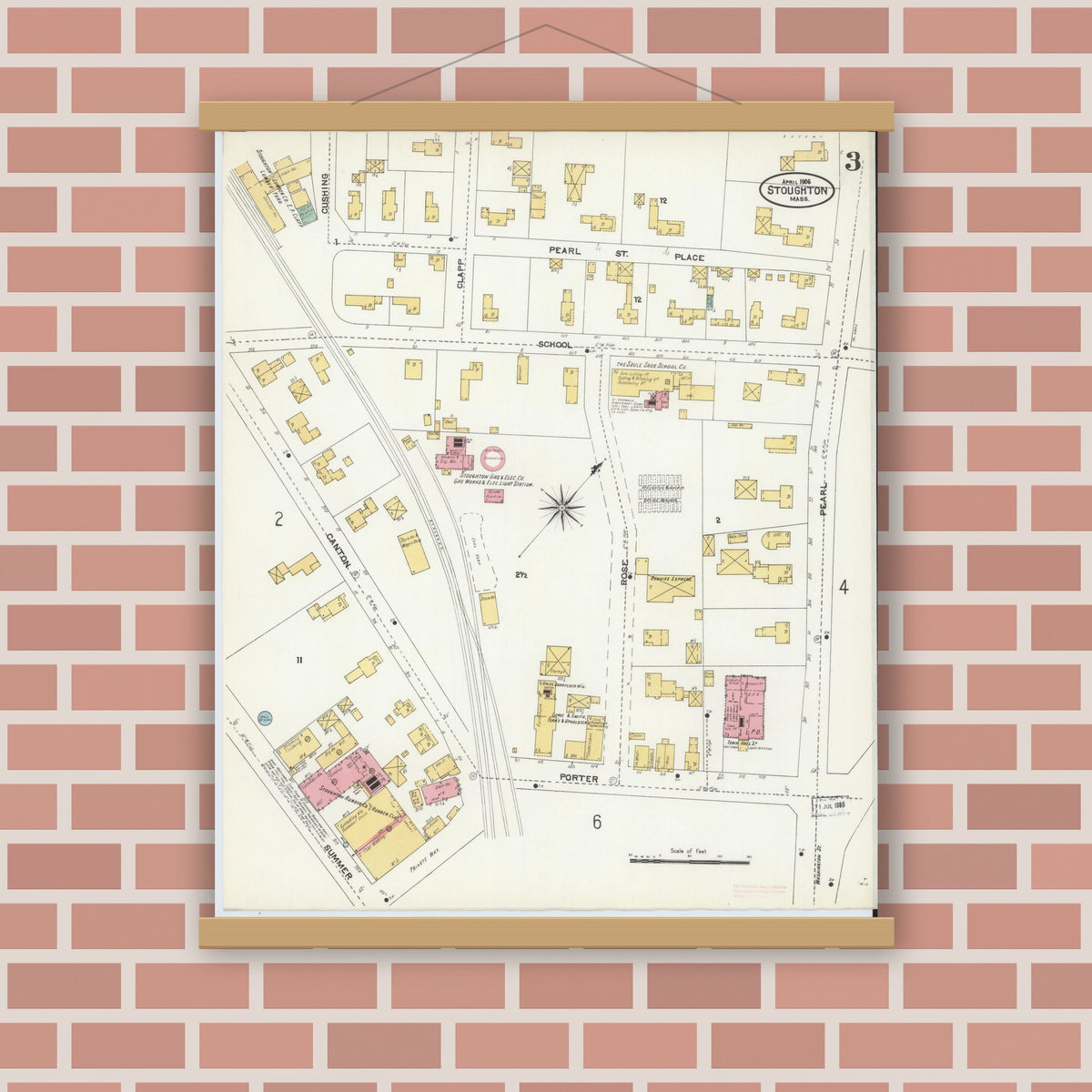 Old map wall art mockup — magnetic wood frame on brick wall — Sanborn Fire Insurance Map from Stoughton, Norfolk County, Massachusetts (1906), Sheet #0003