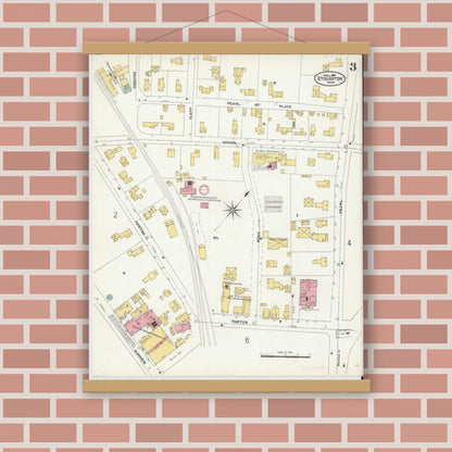 Old map wall art mockup — magnetic wood frame on brick wall — Sanborn Fire Insurance Map from Stoughton, Norfolk County, Massachusetts (1906), Sheet #0003