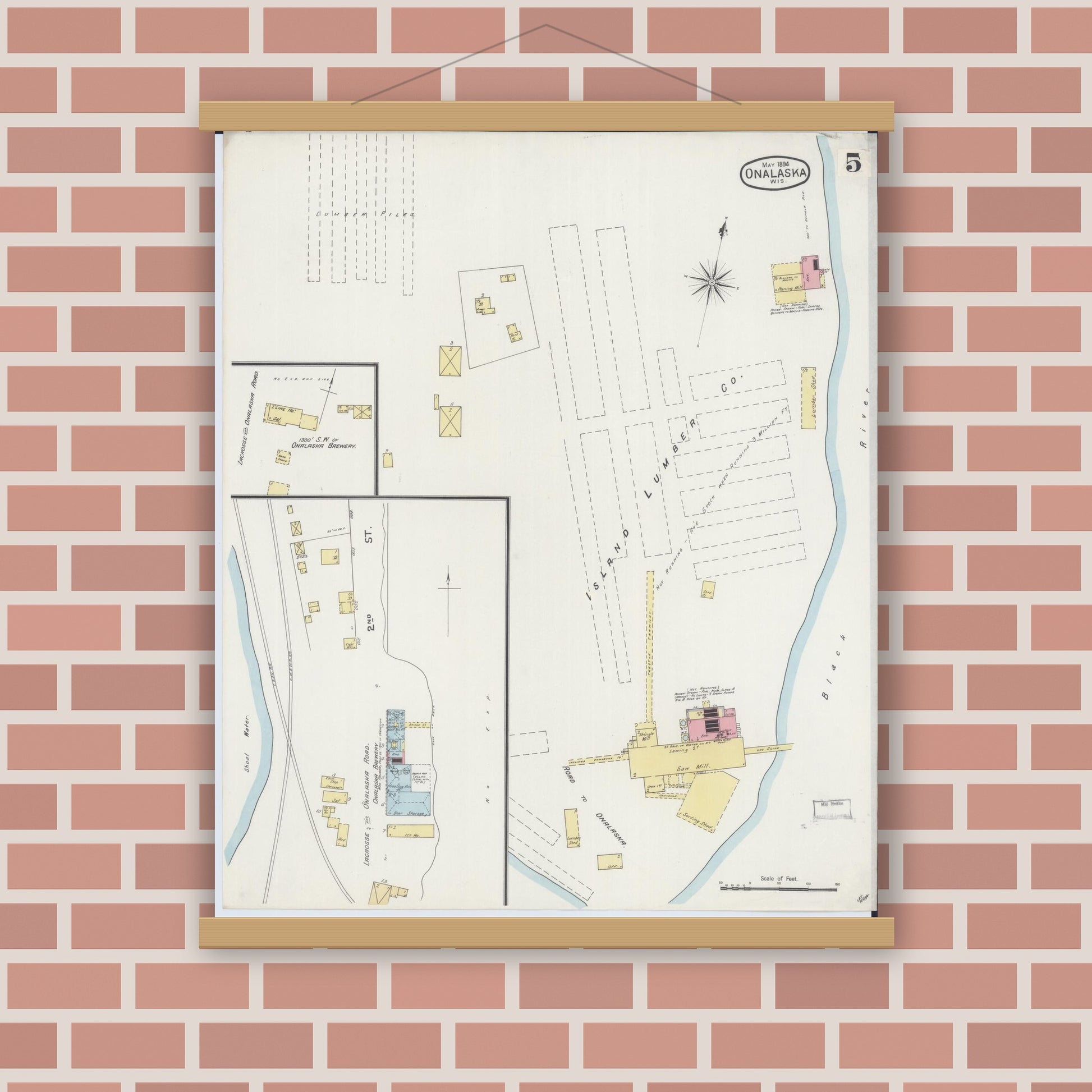 Old map wall art mockup — magnetic wood frame on brick wall — Sanborn Fire Insurance Map from Onalaska, La Crosse County, Wisconsin (1894), Sheet #0005