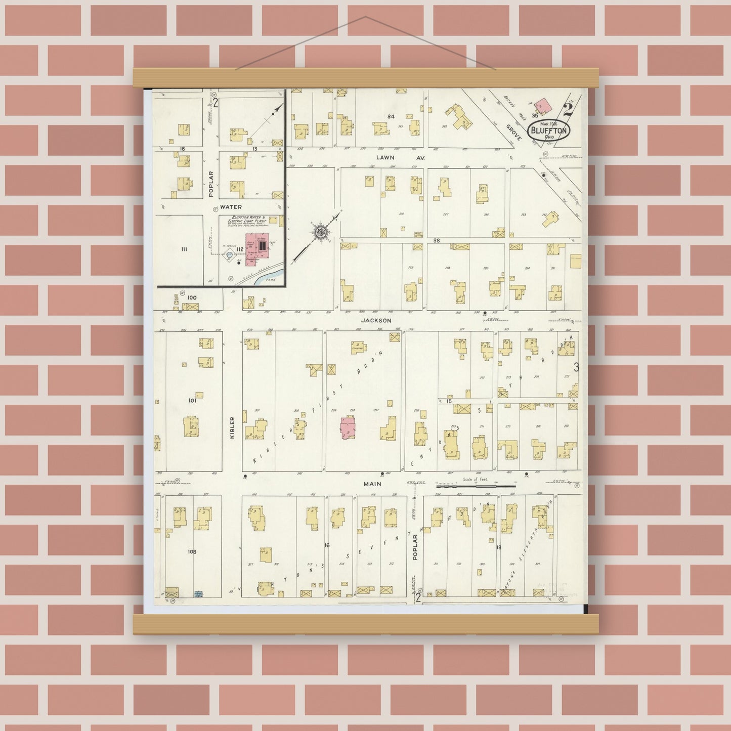 Old map wall art mockup — magnetic wood frame on brick wall — Sanborn Fire Insurance Map from Bluffton, Allen County, Ohio (1916), Sheet #0002
