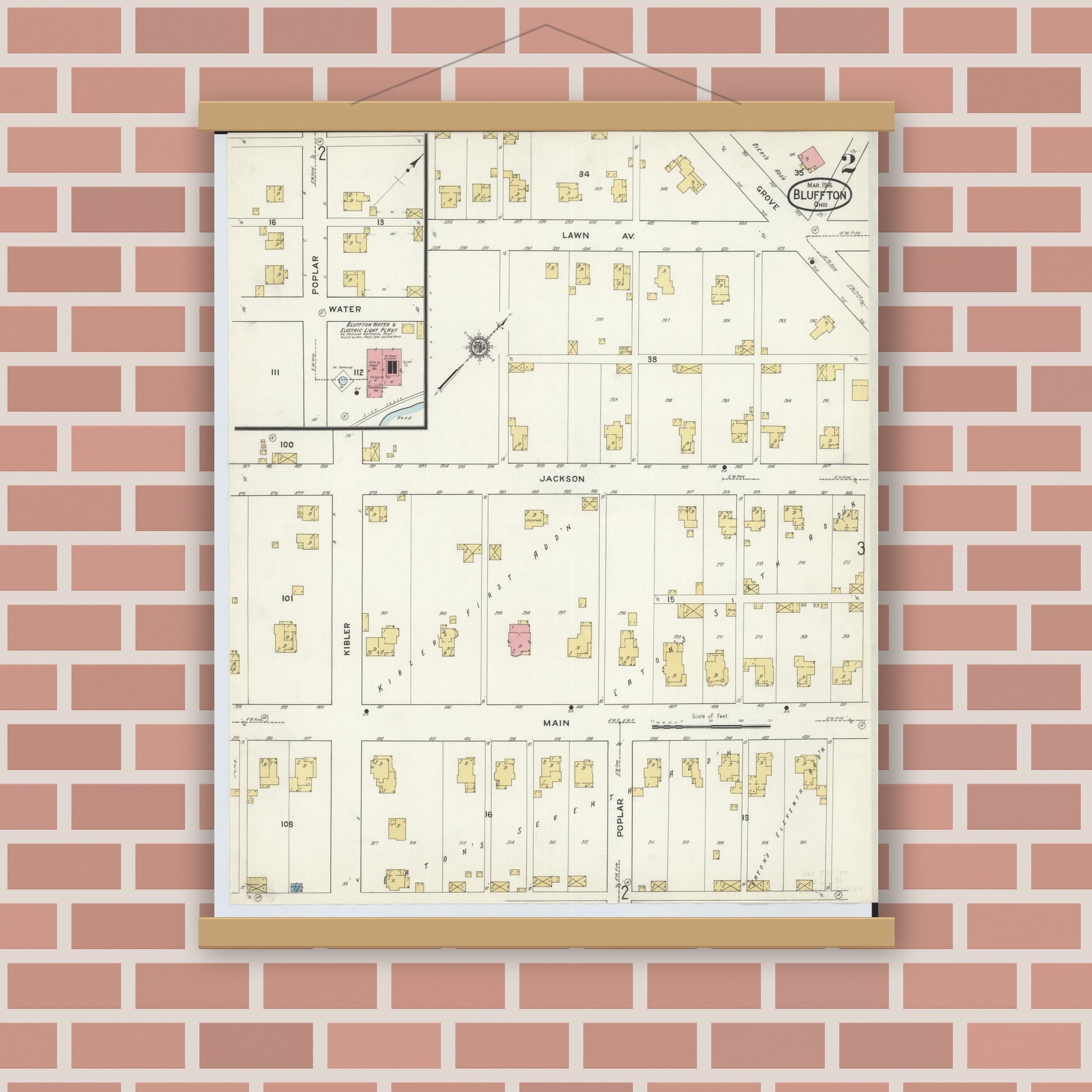 Old map wall art mockup — magnetic wood frame on brick wall — Sanborn Fire Insurance Map from Bluffton, Allen County, Ohio (1916), Sheet #0002