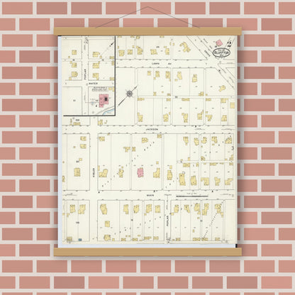 Old map wall art mockup — magnetic wood frame on brick wall — Sanborn Fire Insurance Map from Bluffton, Allen County, Ohio (1916), Sheet #0002