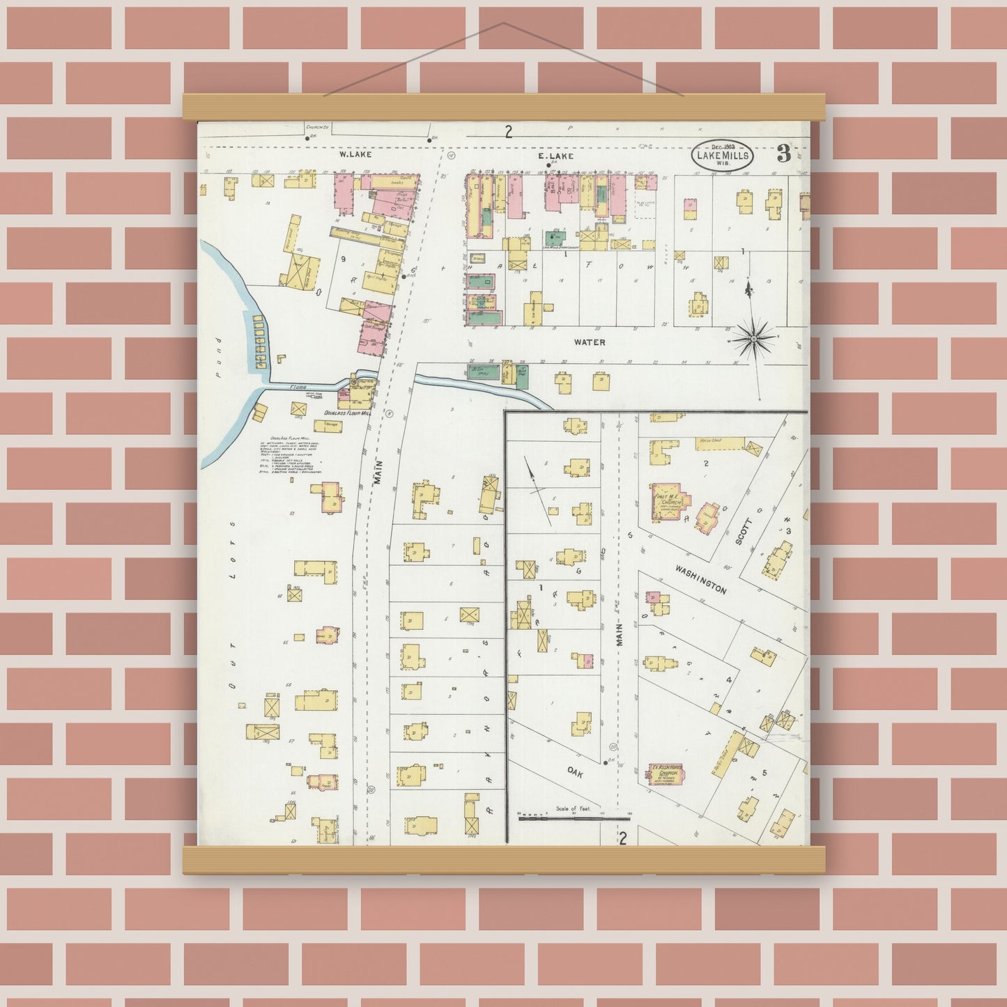 Old map wall art mockup — magnetic wood frame on brick wall — Sanborn Fire Insurance Map from Lake Mills, Jefferson County, Wisconsin (1903), Sheet #0003