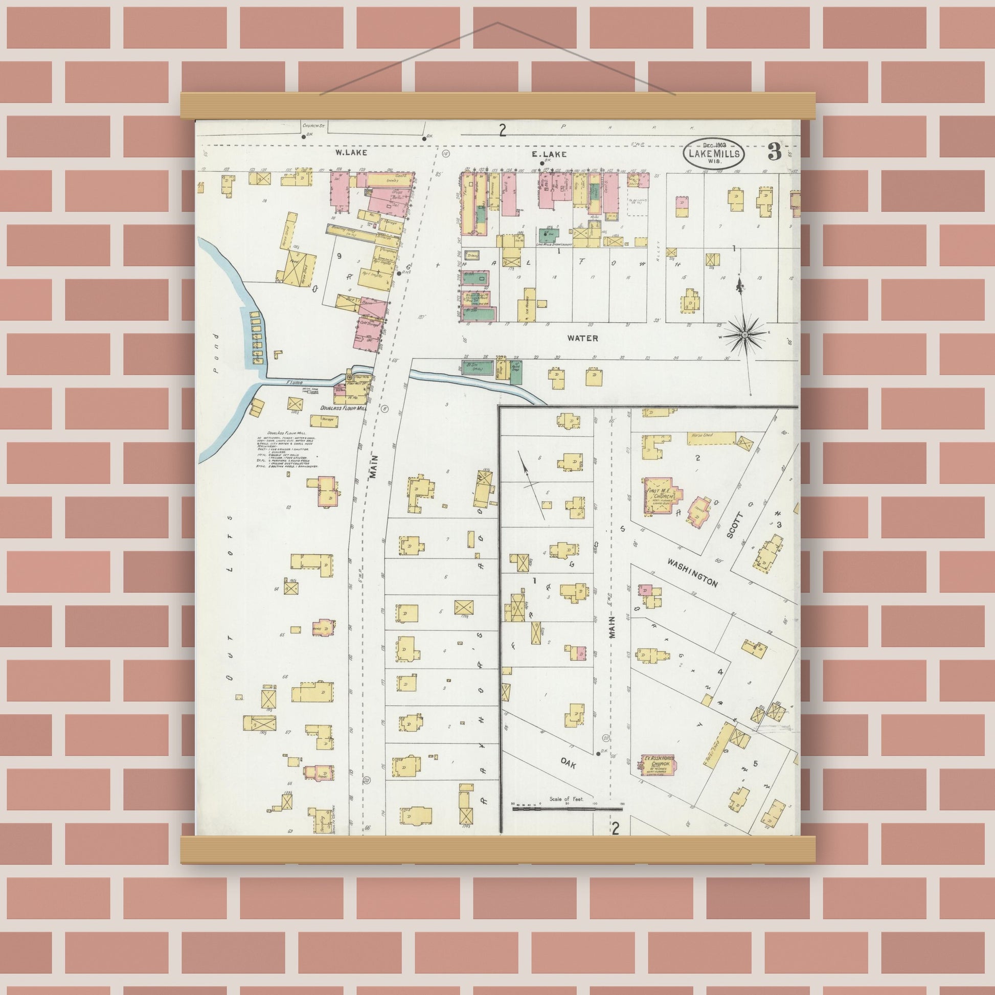 Old map wall art mockup — magnetic wood frame on brick wall — Sanborn Fire Insurance Map from Lake Mills, Jefferson County, Wisconsin (1903), Sheet #0003