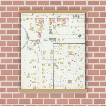 Old map wall art mockup — magnetic wood frame on brick wall — Sanborn Fire Insurance Map from Lake Mills, Jefferson County, Wisconsin (1903), Sheet #0003