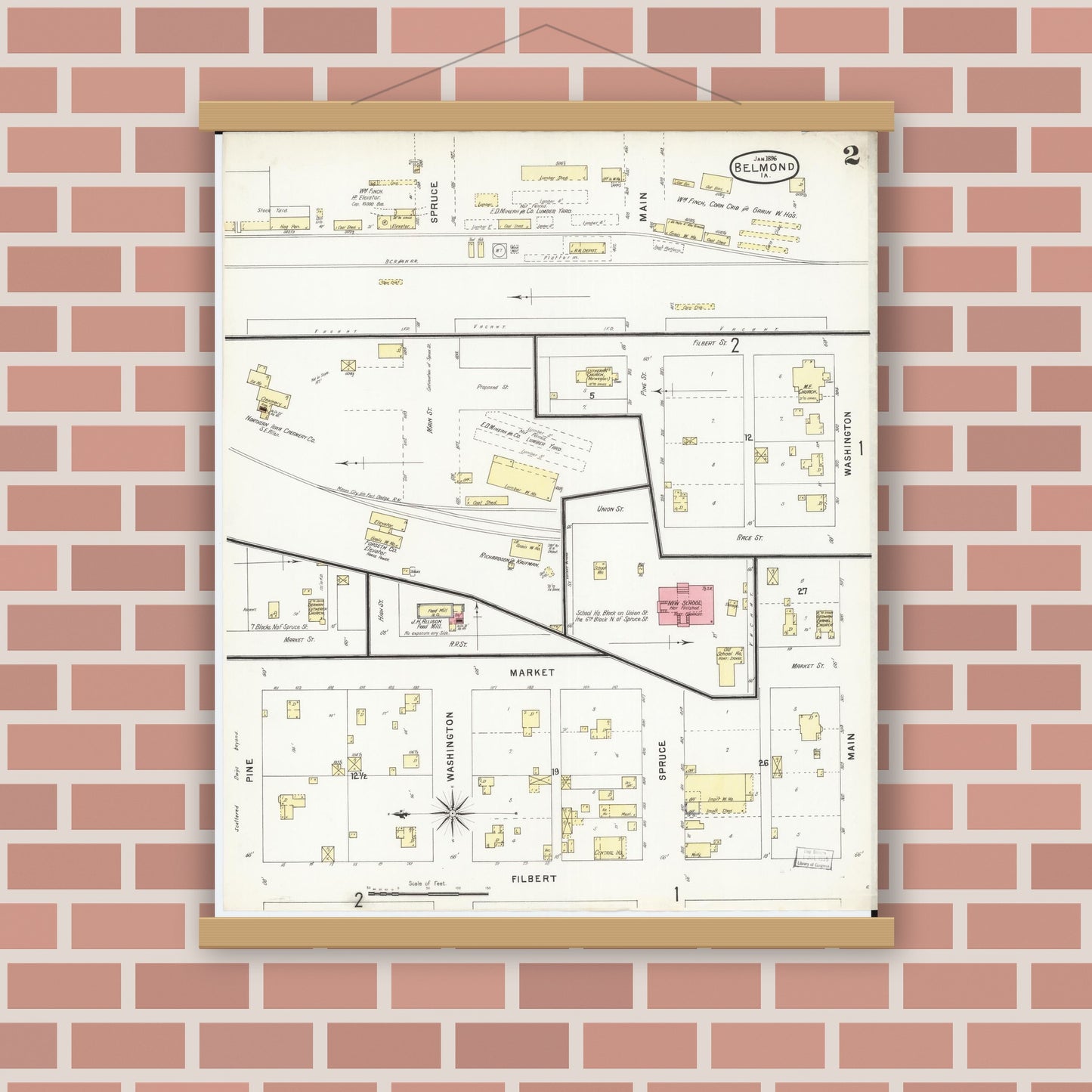 Old map wall art mockup — magnetic wood frame on brick wall — Sanborn Fire Insurance Map from Belmond, Wright County, Iowa (1896), Sheet #0002