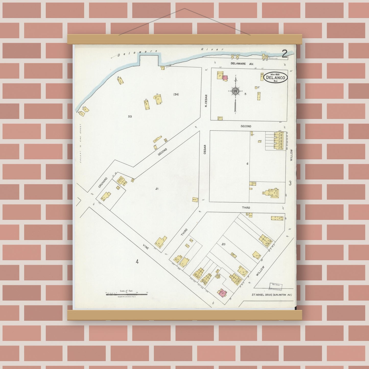 Old map wall art mockup — magnetic wood frame on brick wall — Sanborn Fire Insurance Map from Delanco, Burlington County, New Jersey (1921), Sheet #0002