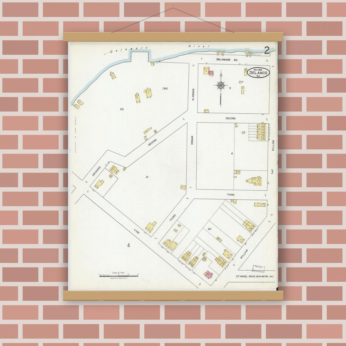 Old map wall art mockup — magnetic wood frame on brick wall — Sanborn Fire Insurance Map from Delanco, Burlington County, New Jersey (1921), Sheet #0002