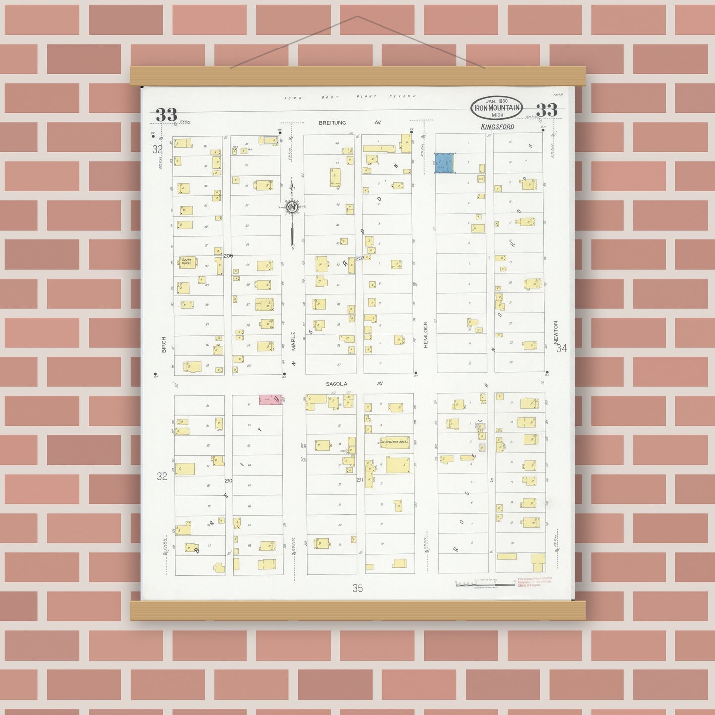 Old map wall art mockup — magnetic wood frame on brick wall — Sanborn Fire Insurance Map from Iron Mountain, Dickinson County, Michigan (1930), Sheet #0033