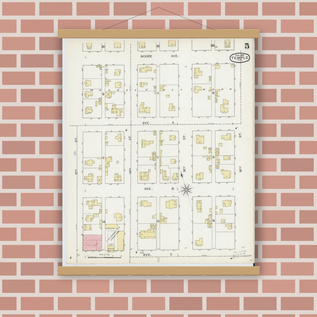 Old map wall art mockup — magnetic wood frame on brick wall — Sanborn Fire Insurance Map from Temple, Bell County, Texas (1893), Sheet #0005