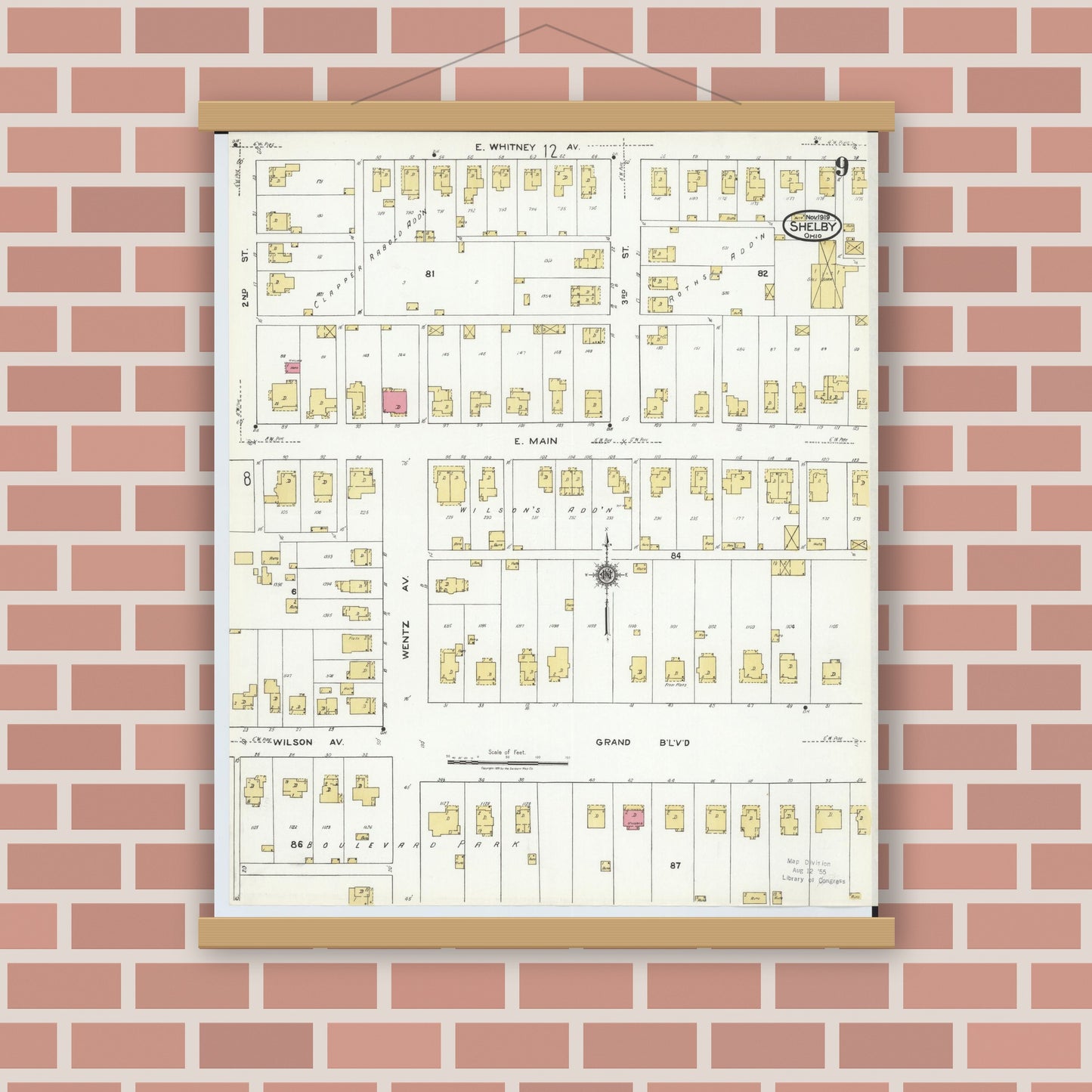 Old map wall art mockup — magnetic wood frame on brick wall — Sanborn Fire Insurance Map from Shelby, Richland County, Ohio (1919), Sheet #0009