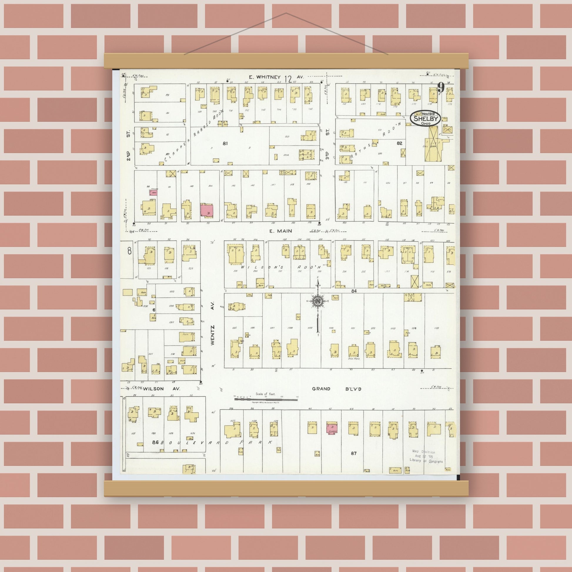 Old map wall art mockup — magnetic wood frame on brick wall — Sanborn Fire Insurance Map from Shelby, Richland County, Ohio (1919), Sheet #0009