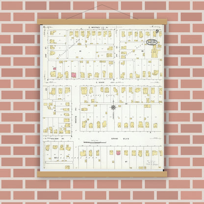 Old map wall art mockup — magnetic wood frame on brick wall — Sanborn Fire Insurance Map from Shelby, Richland County, Ohio (1919), Sheet #0009