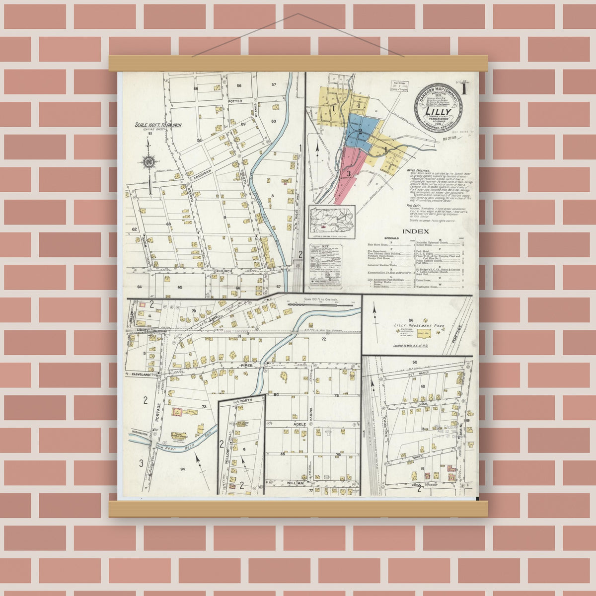 Old map wall art mockup — magnetic wood frame on brick wall — Sanborn Fire Insurance Map from Lilly, Cambria County, Pennsylvania (1916), Sheet #0001