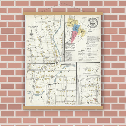 Old map wall art mockup — magnetic wood frame on brick wall — Sanborn Fire Insurance Map from Lilly, Cambria County, Pennsylvania (1916), Sheet #0001