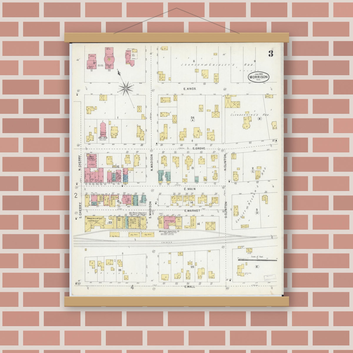 Old map wall art mockup — magnetic wood frame on brick wall — Sanborn Fire Insurance Map from Morrison, Whiteside County, Illinois (1903), Sheet #0003