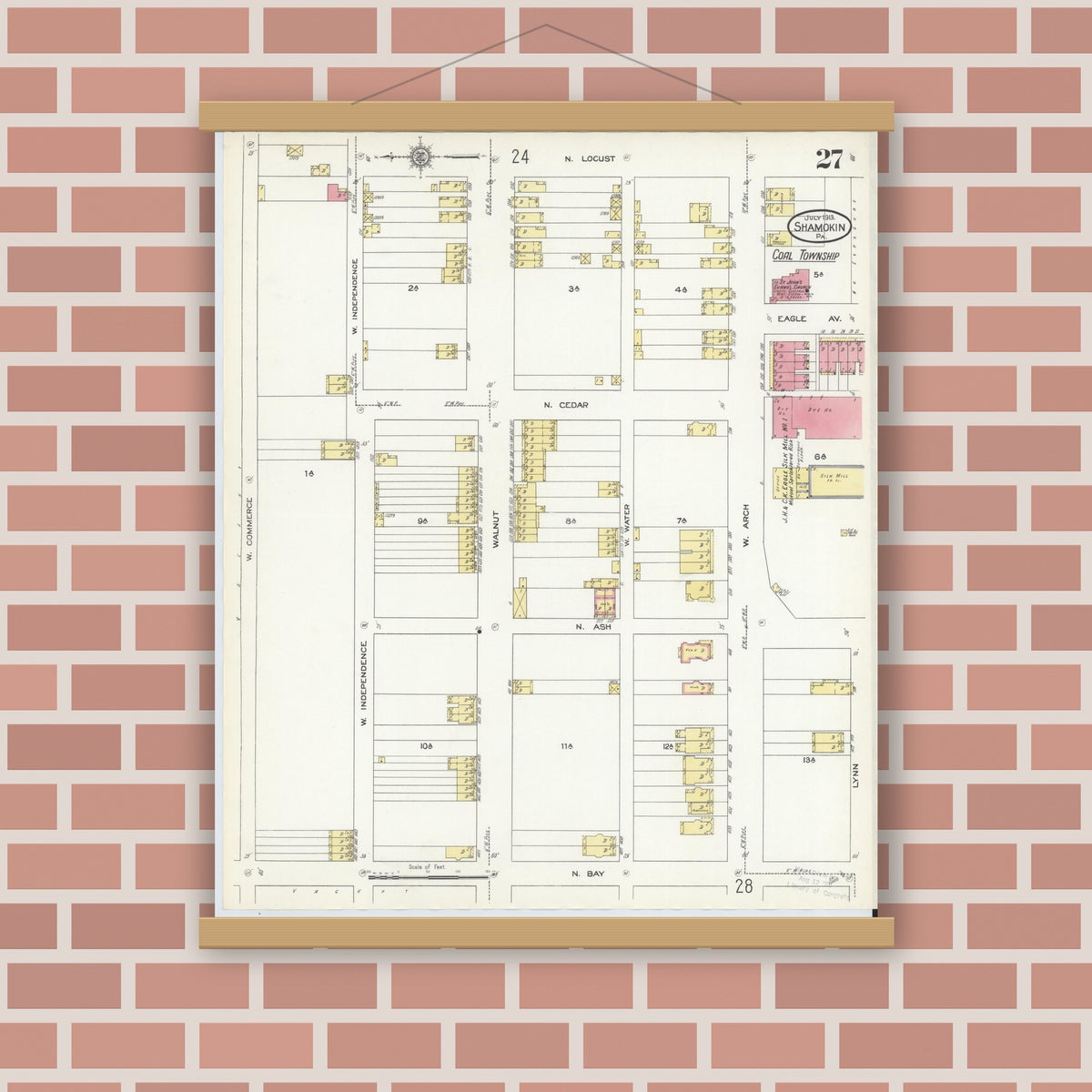 Old map wall art mockup — magnetic wood frame on brick wall — Sanborn Fire Insurance Map from Shamokin, Northumberland County, Pennsylvania (1913), Sheet #0027