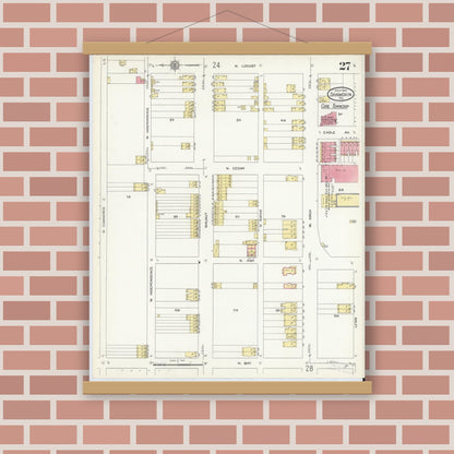 Old map wall art mockup — magnetic wood frame on brick wall — Sanborn Fire Insurance Map from Shamokin, Northumberland County, Pennsylvania (1913), Sheet #0027