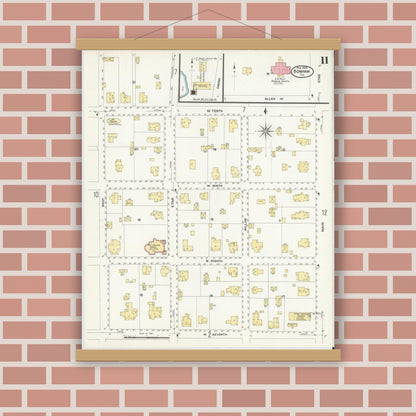 Old map wall art mockup — magnetic wood frame on brick wall — Sanborn Fire Insurance Map from Bonham, Fannin County, Texas (1909), Sheet #0011