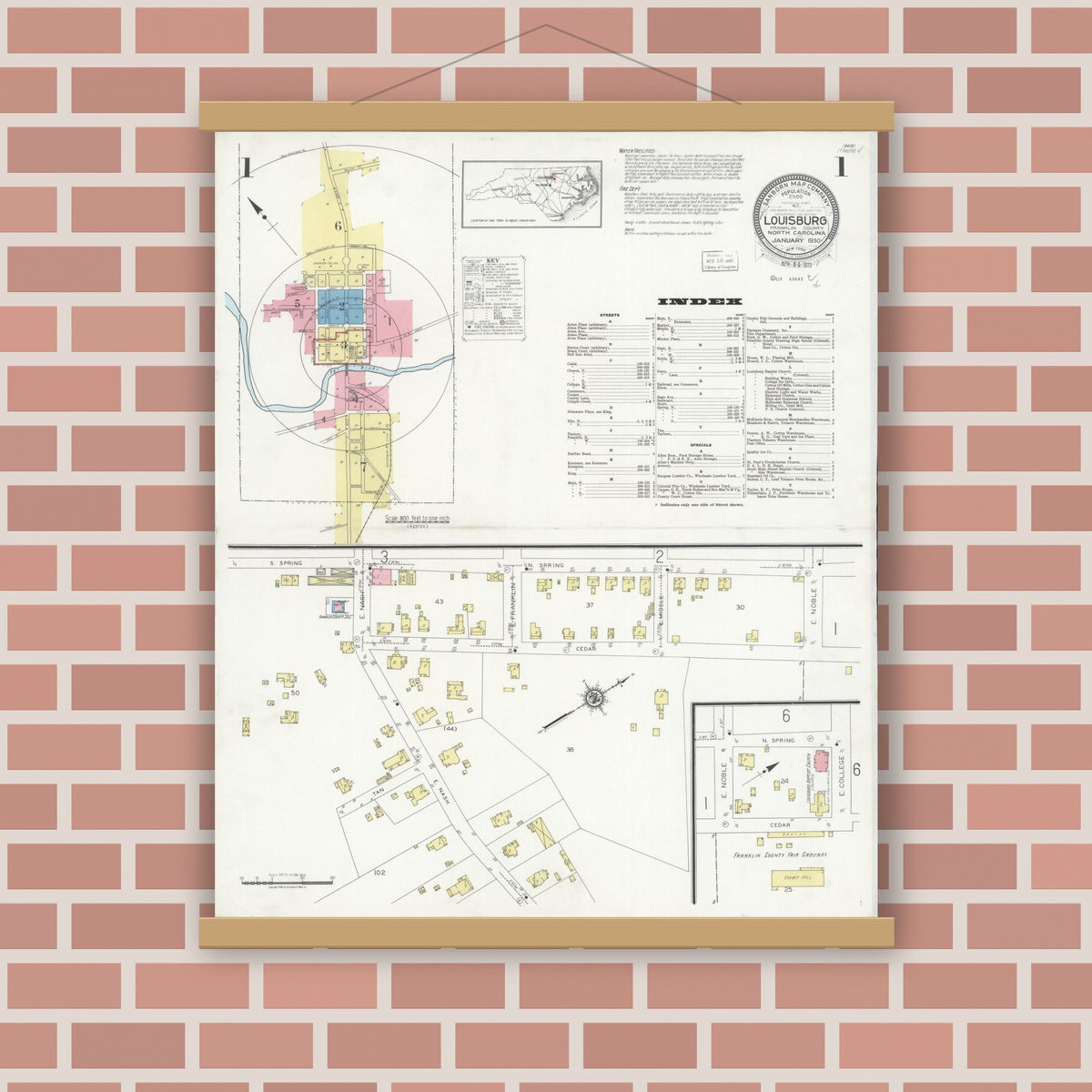 Old map wall art mockup — magnetic wood frame on brick wall — Sanborn Fire Insurance Map from Louisburg, Franklin County, North Carolina (1930), Sheet #0001