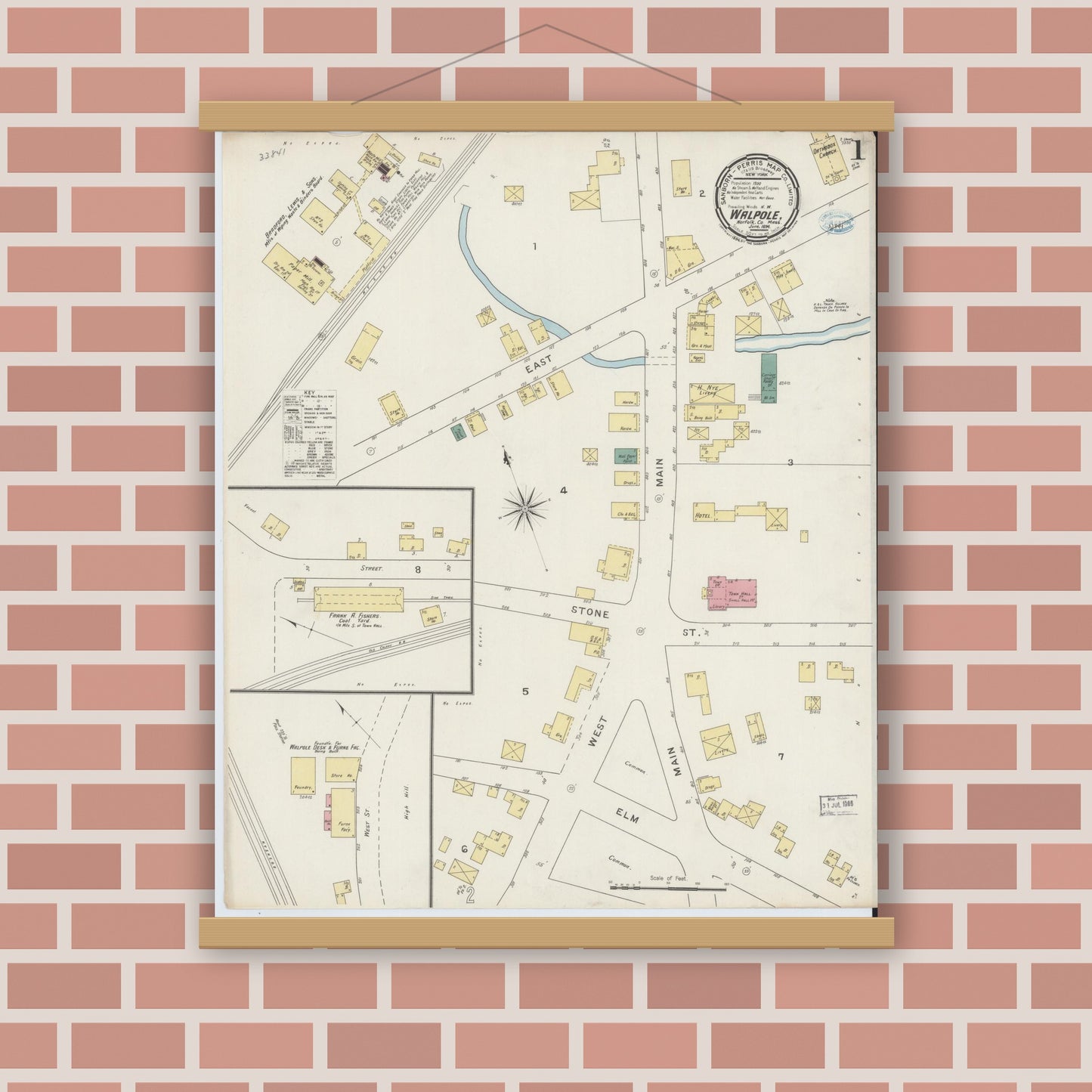 Old map wall art mockup — magnetic wood frame on brick wall — Sanborn Fire Insurance Map from Walpole, Norfolk County, Massachusetts (1894), Sheet #0001