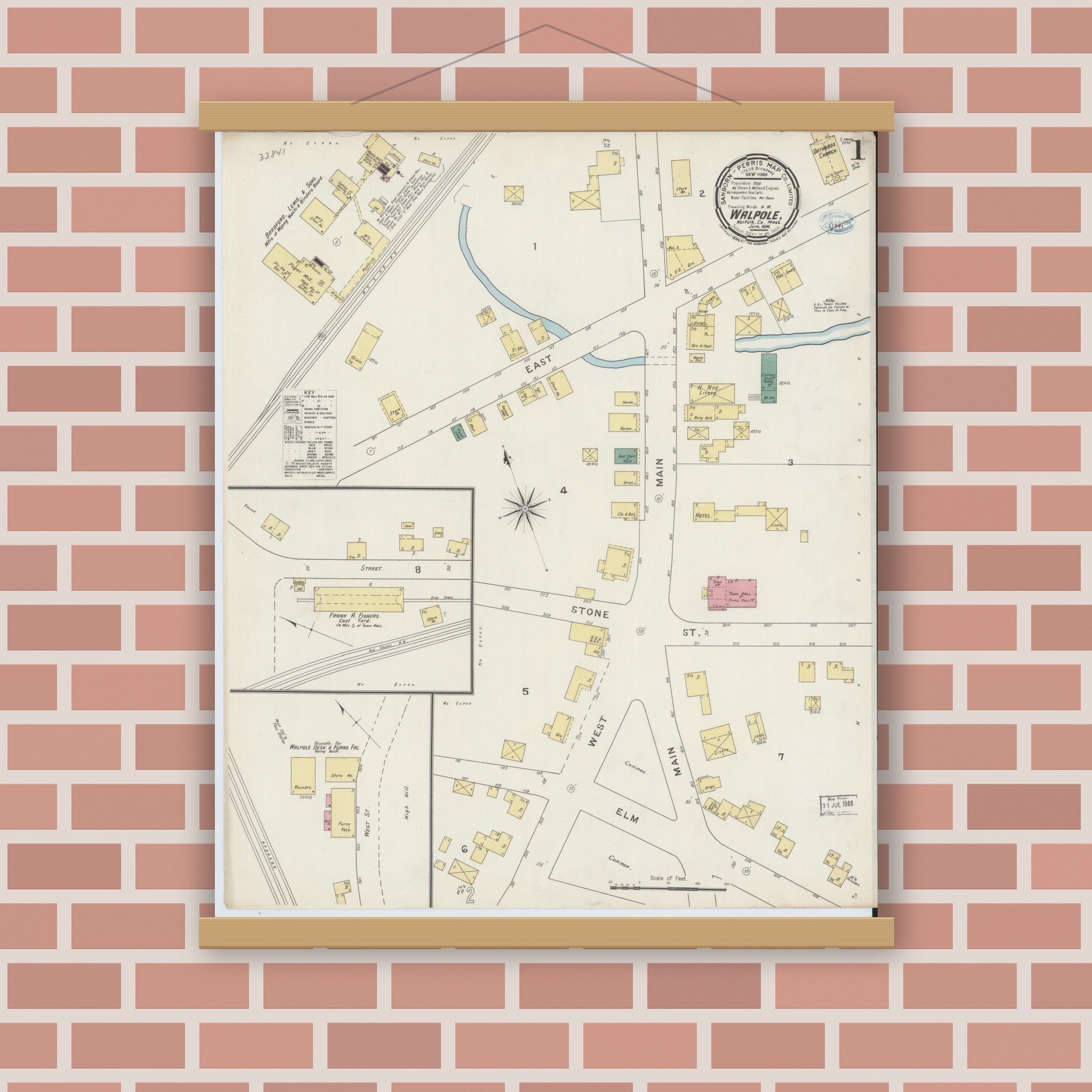 Old map wall art mockup — magnetic wood frame on brick wall — Sanborn Fire Insurance Map from Walpole, Norfolk County, Massachusetts (1894), Sheet #0001