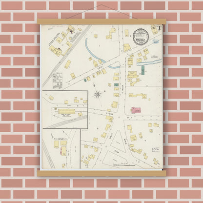Old map wall art mockup — magnetic wood frame on brick wall — Sanborn Fire Insurance Map from Walpole, Norfolk County, Massachusetts (1894), Sheet #0001