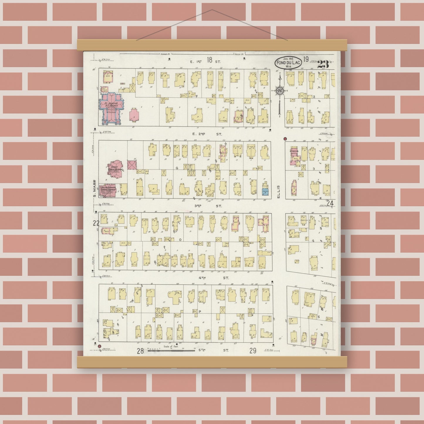 Old map wall art mockup — magnetic wood frame on brick wall — Sanborn Fire Insurance Map from Fond du Lac, Fond du Lac County, Wisconsin (1915), Sheet #0023