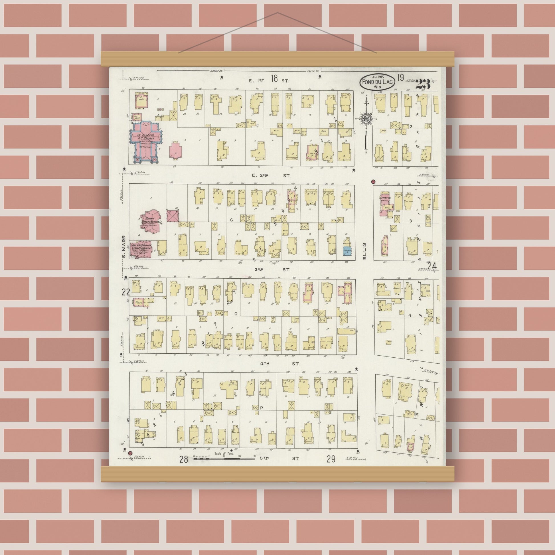 Old map wall art mockup — magnetic wood frame on brick wall — Sanborn Fire Insurance Map from Fond du Lac, Fond du Lac County, Wisconsin (1915), Sheet #0023