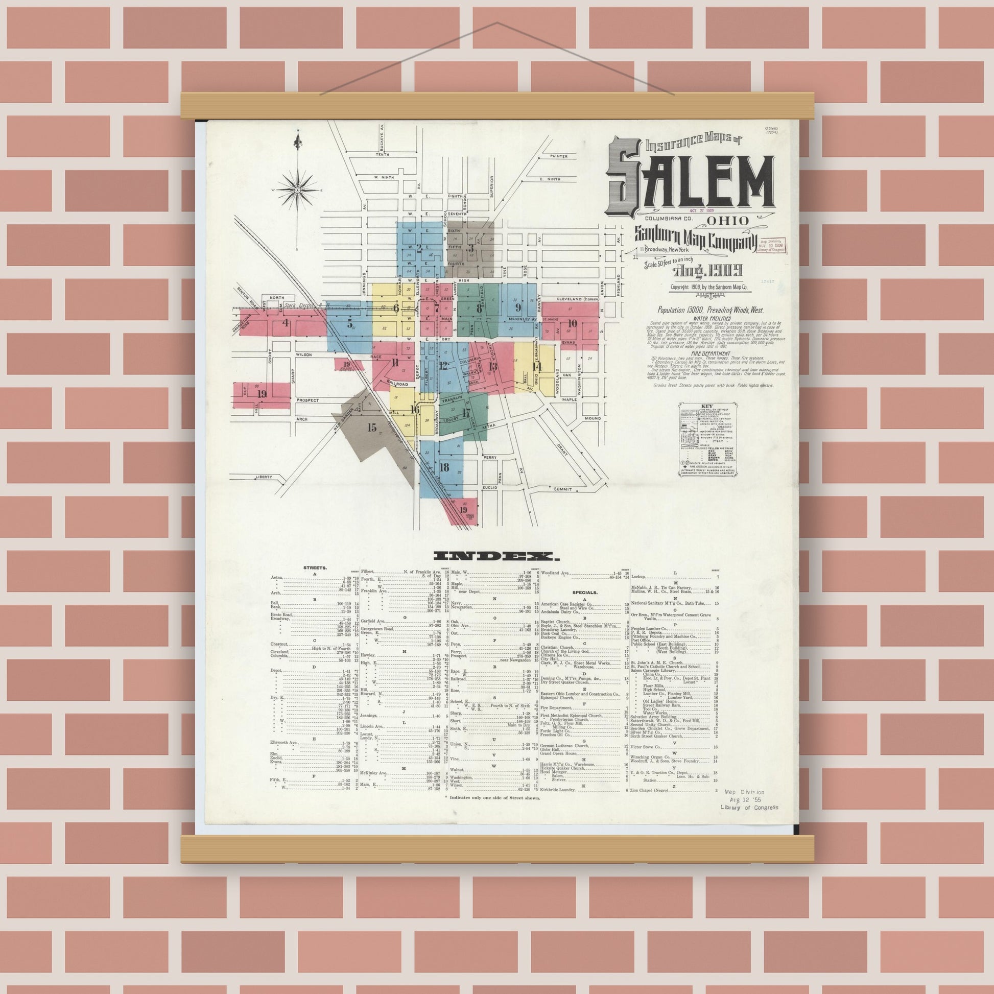 Old map wall art mockup — magnetic wood frame on brick wall — Sanborn Fire Insurance Map from Salem, Columbiana County, Ohio (1909) - Complete Map Set