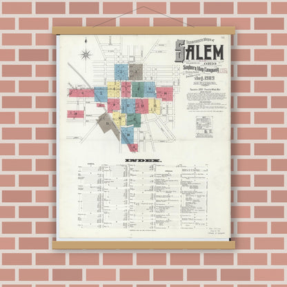 Old map wall art mockup — magnetic wood frame on brick wall — Sanborn Fire Insurance Map from Salem, Columbiana County, Ohio (1909) - Complete Map Set