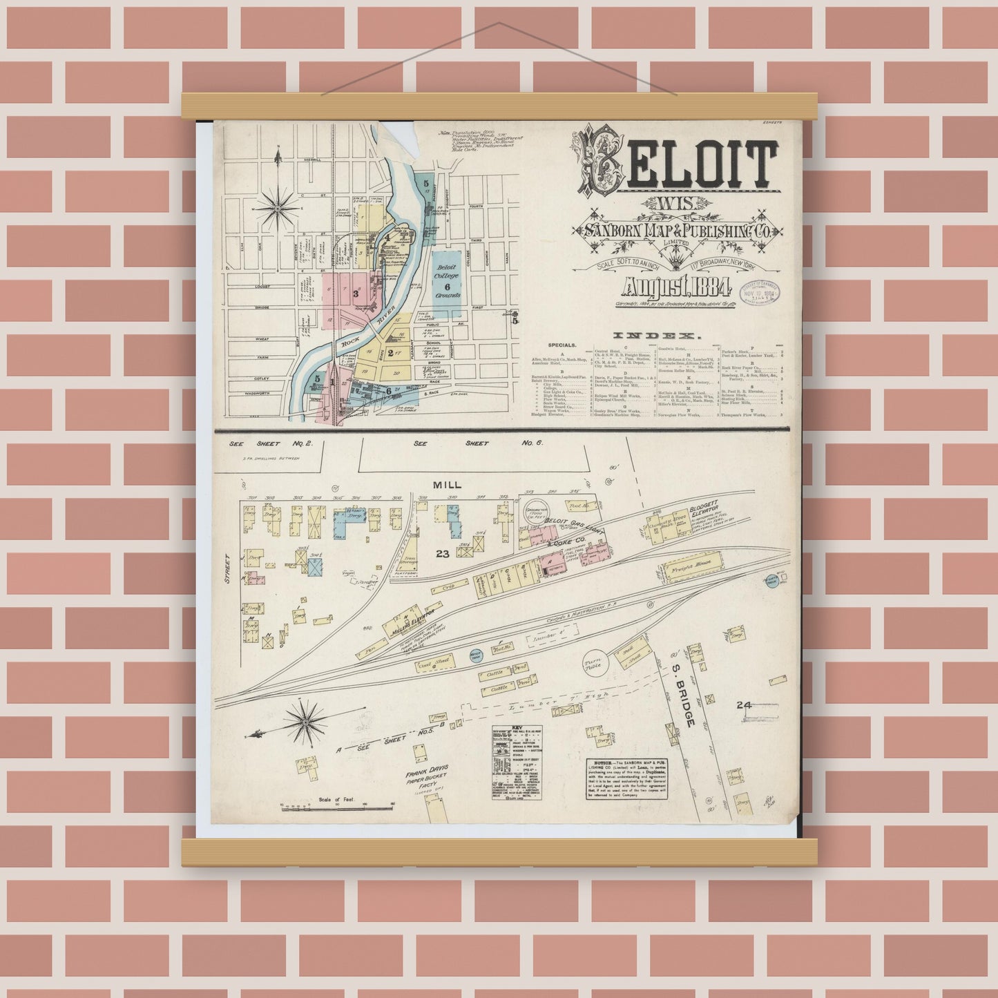 Old map wall art mockup — magnetic wood frame on brick wall — Sanborn Fire Insurance Map from Beloit, Rock County, Wisconsin (1884), Sheet #0001