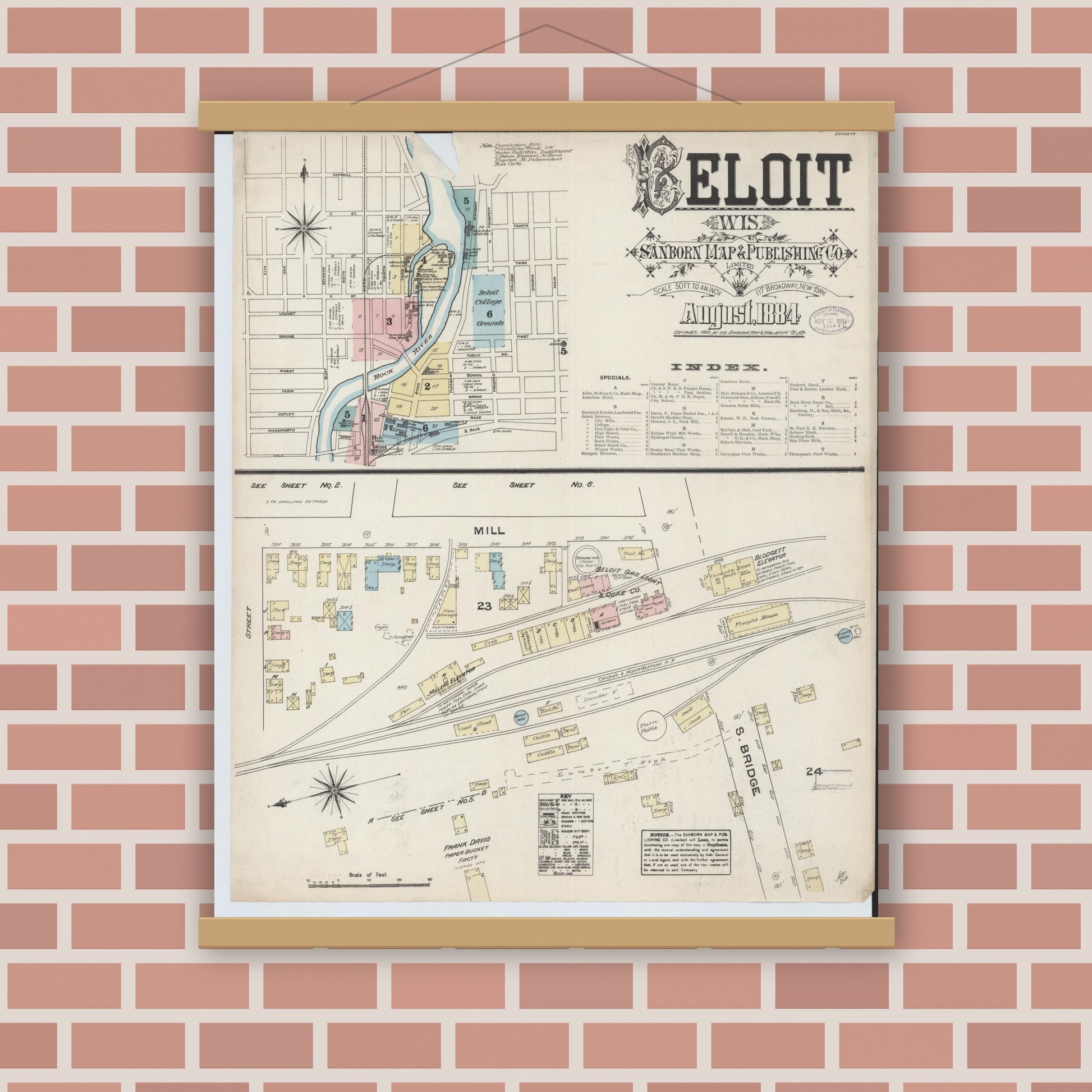 Old map wall art mockup — magnetic wood frame on brick wall — Sanborn Fire Insurance Map from Beloit, Rock County, Wisconsin (1884), Sheet #0001