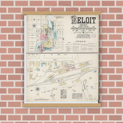 Old map wall art mockup — magnetic wood frame on brick wall — Sanborn Fire Insurance Map from Beloit, Rock County, Wisconsin (1884), Sheet #0001