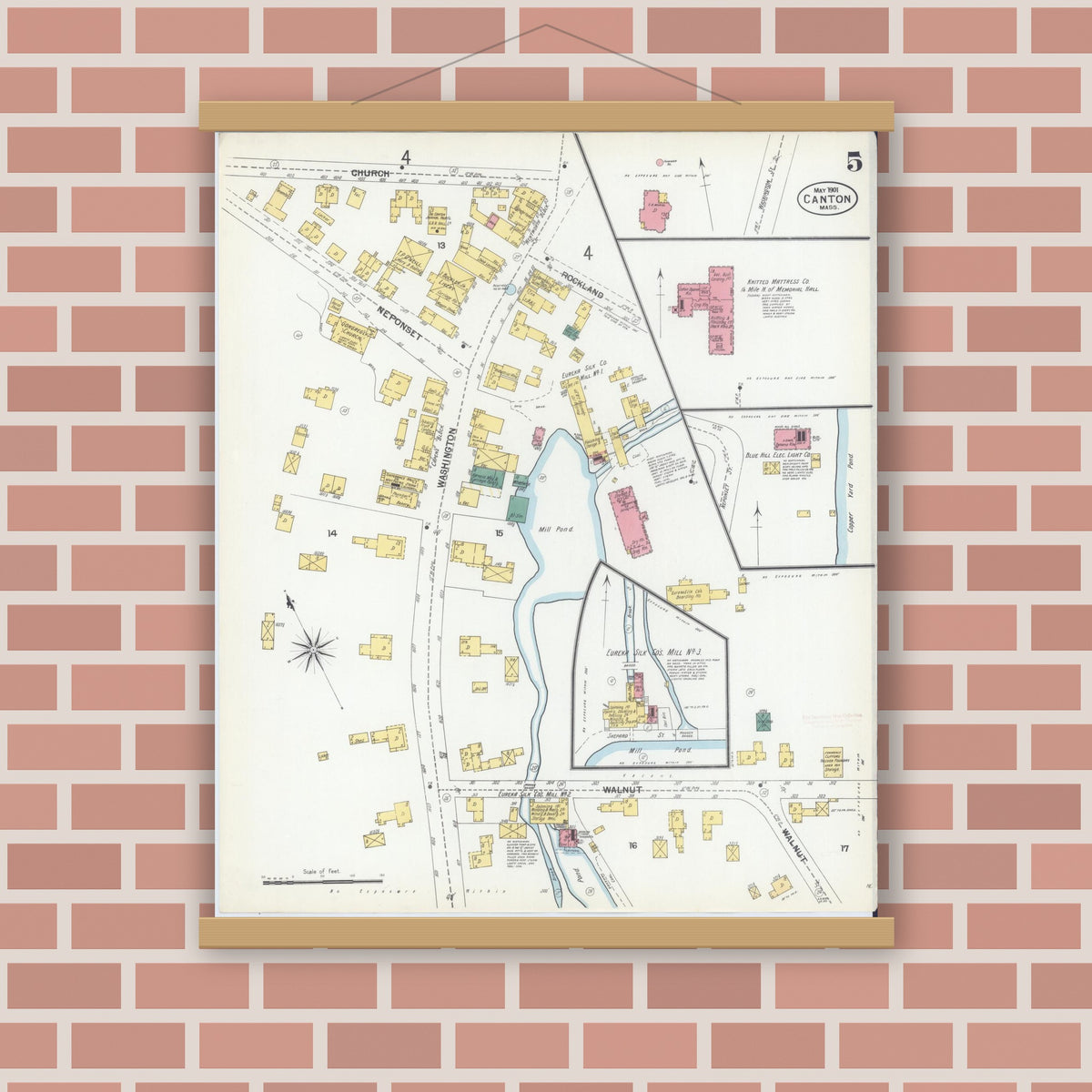 Old map wall art mockup — magnetic wood frame on brick wall — Sanborn Fire Insurance Map from Canton, Norfolk County, Massachusetts (1901), Sheet #0005