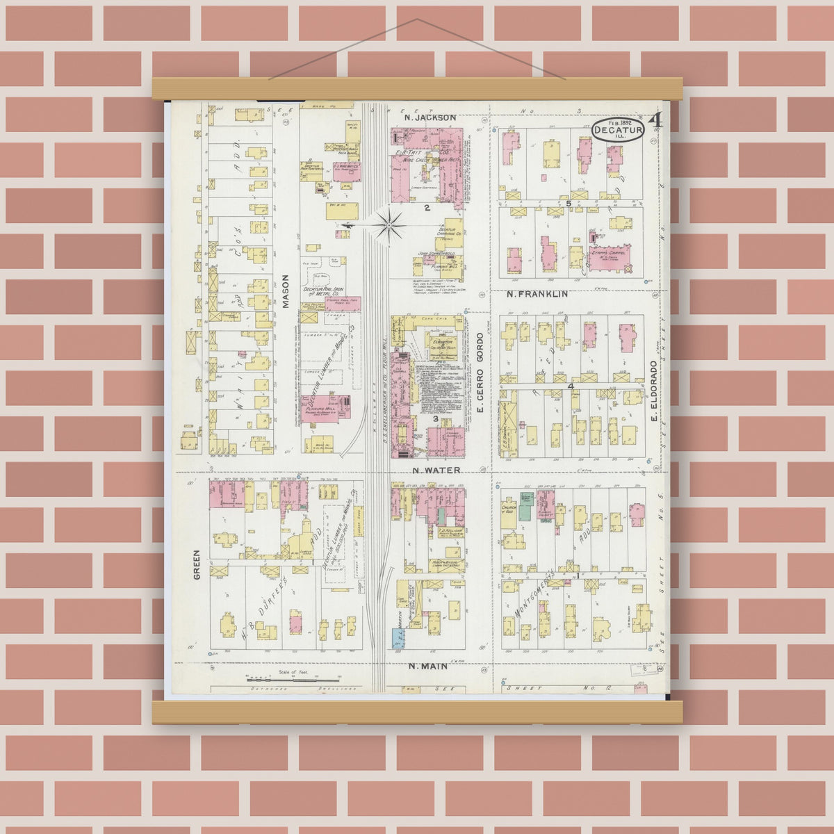Old map wall art mockup — magnetic wood frame on brick wall — Sanborn Fire Insurance Map from Decatur, Macon County, Illinois (1892), Sheet #0004