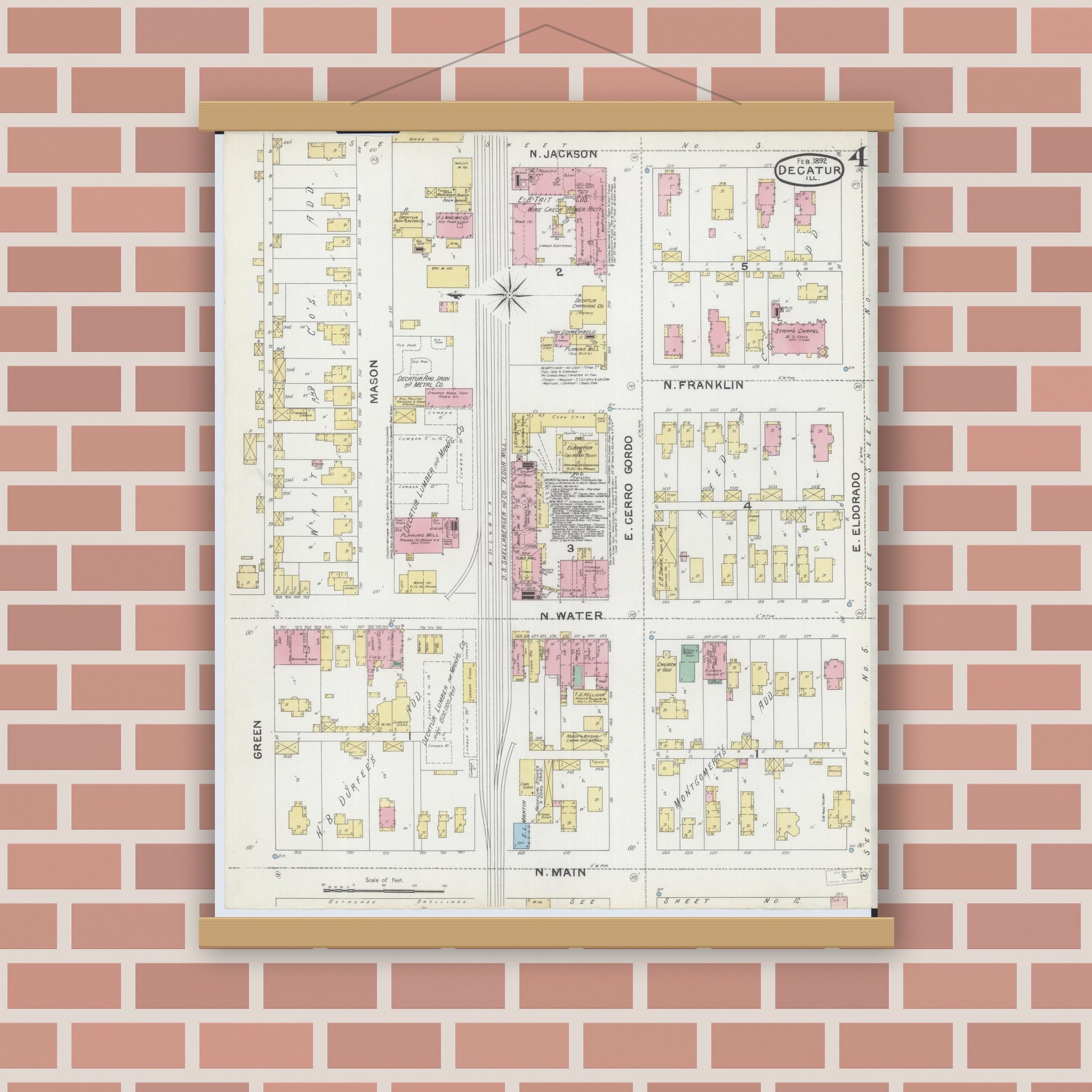 Old map wall art mockup — magnetic wood frame on brick wall — Sanborn Fire Insurance Map from Decatur, Macon County, Illinois (1892), Sheet #0004