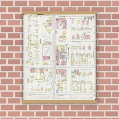 Old map wall art mockup — magnetic wood frame on brick wall — Sanborn Fire Insurance Map from Decatur, Macon County, Illinois (1892), Sheet #0004