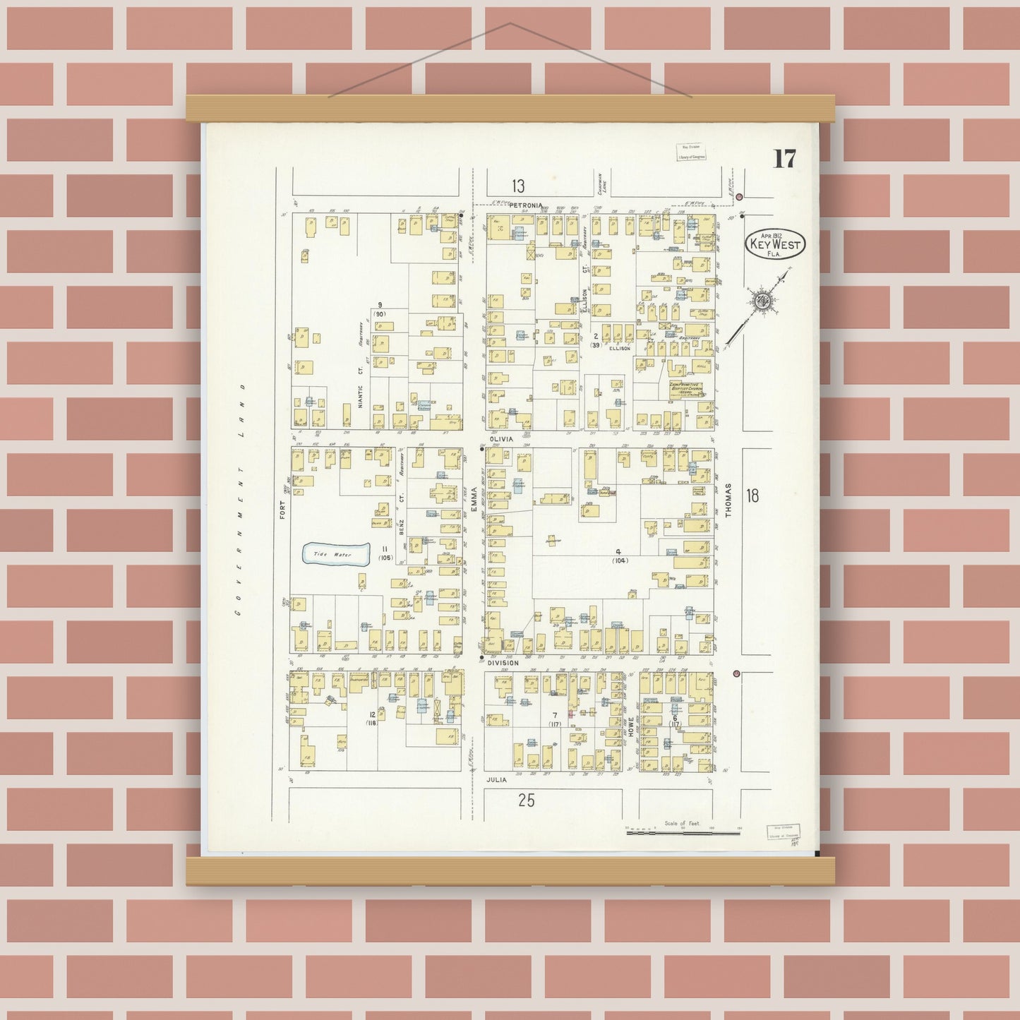 Old map wall art mockup — magnetic wood frame on brick wall — Sanborn Fire Insurance Map from Key West, Monroe County, Florida (1912), Sheet #0017