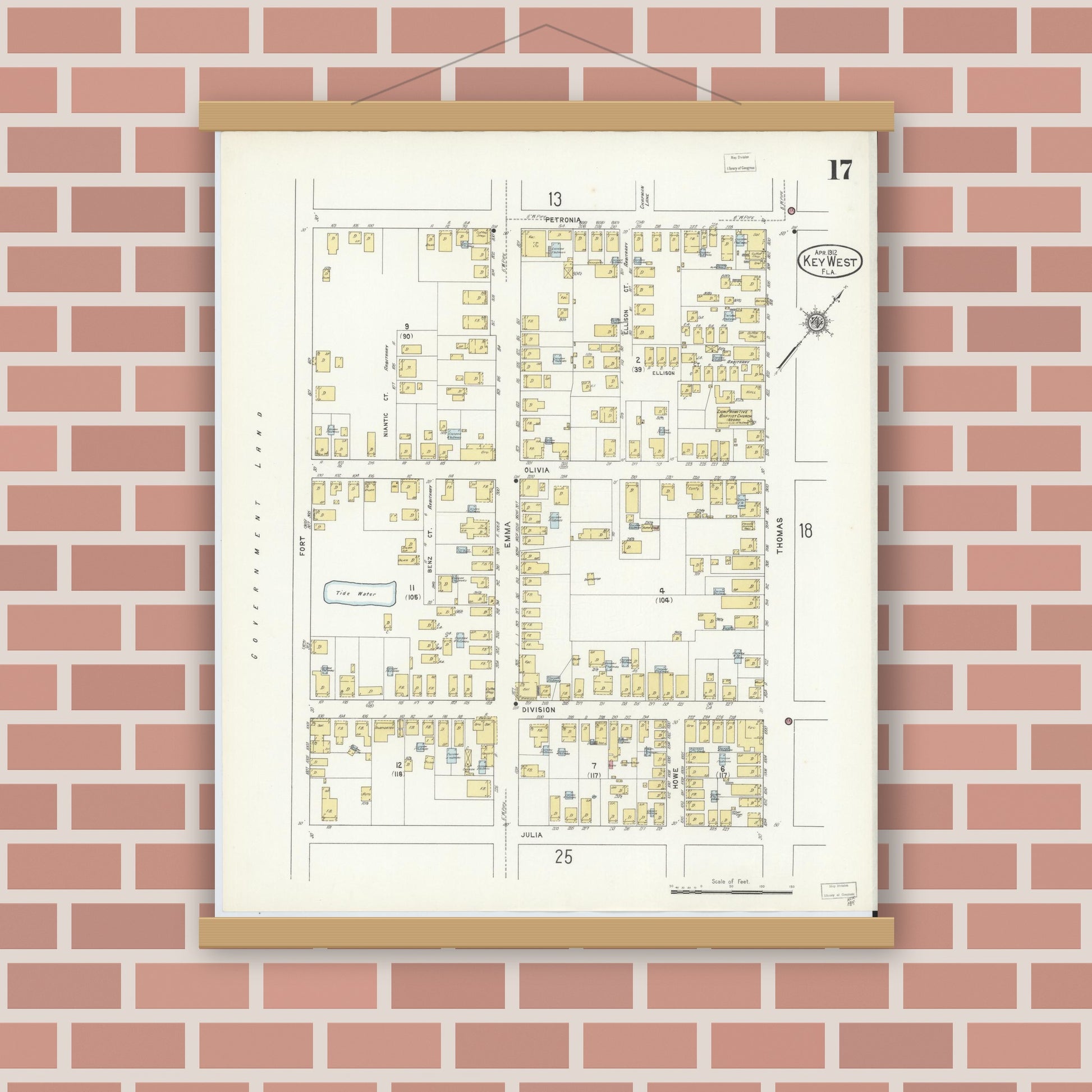 Old map wall art mockup — magnetic wood frame on brick wall — Sanborn Fire Insurance Map from Key West, Monroe County, Florida (1912), Sheet #0017