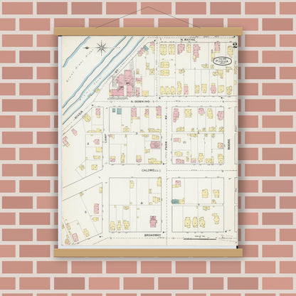 Old map wall art mockup — magnetic wood frame on brick wall — Sanborn Fire Insurance Map from Piqua, Miami County, Ohio (1892), Sheet #0002