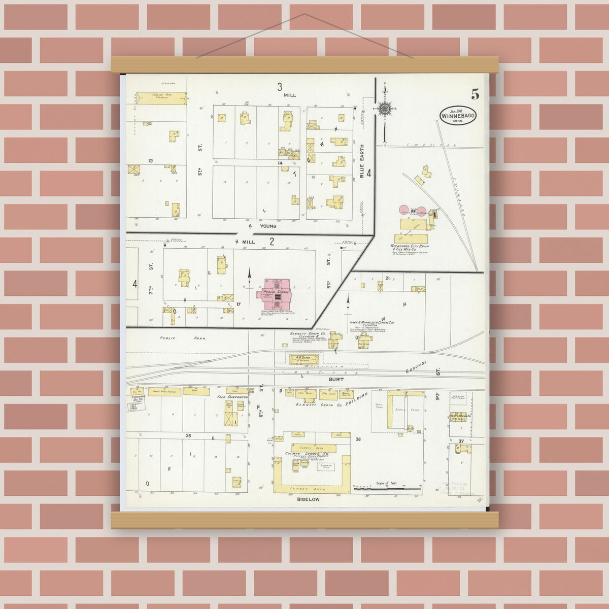 Old map wall art mockup — magnetic wood frame on brick wall — Sanborn Fire Insurance Map from Winnebago, Faribault County, Minnesota (1911), Sheet #0005