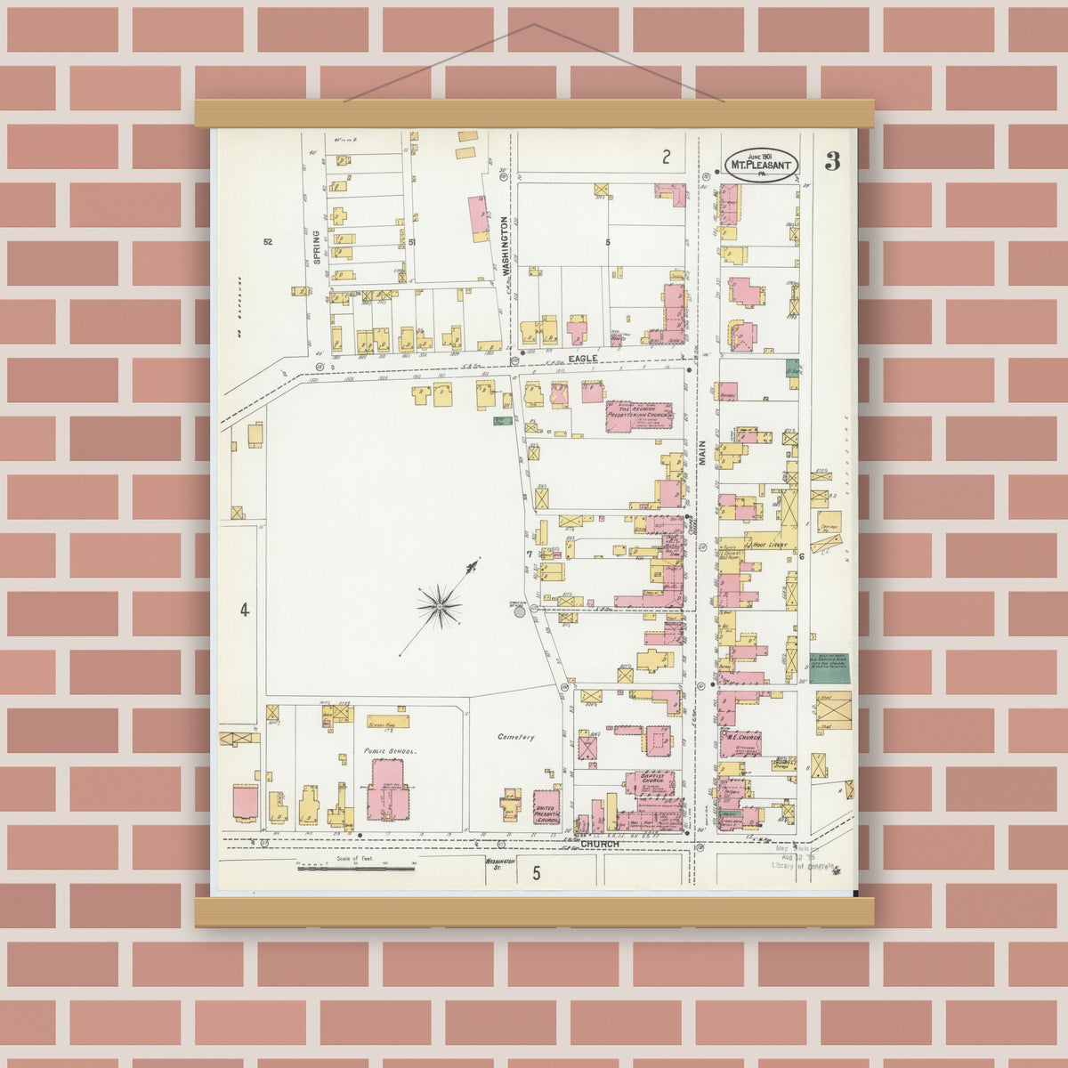 Old map wall art mockup — magnetic wood frame on brick wall — Sanborn Fire Insurance Map from Mount Pleasant, Westmoreland County, Pennsylvania (1901), Sheet #0003